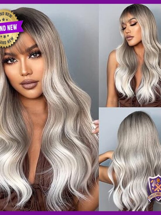 Long Wavy Layered Human Hair Wig with Bangs Heat Resistant Lightweight main image 4